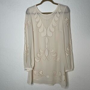 Farm Rio Long Sleeve Embroidered Top Size P (US Small) Ivory Sheer Lined
